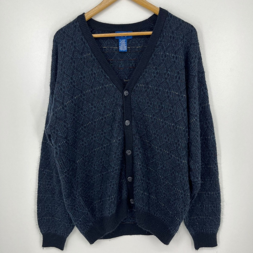 Towncraft Mens Vintage Navy Blue Geometric Knit V-Neck Button Cardigan XL